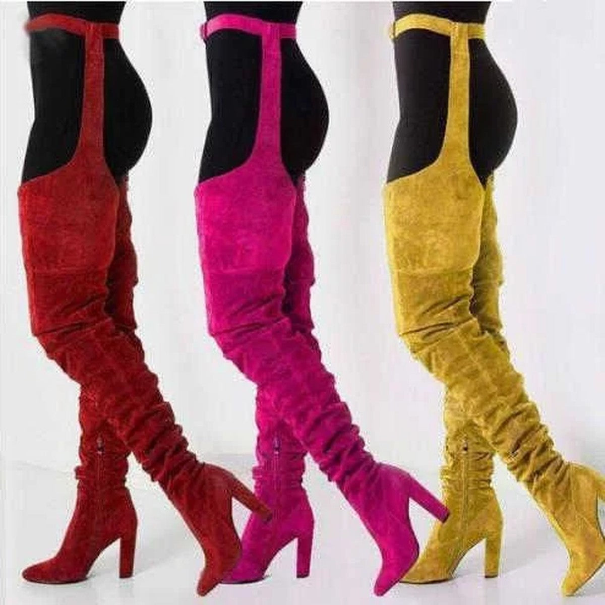 Thigh High Suede Pointed Toe Boots with Attached Adjustable Waist Belt