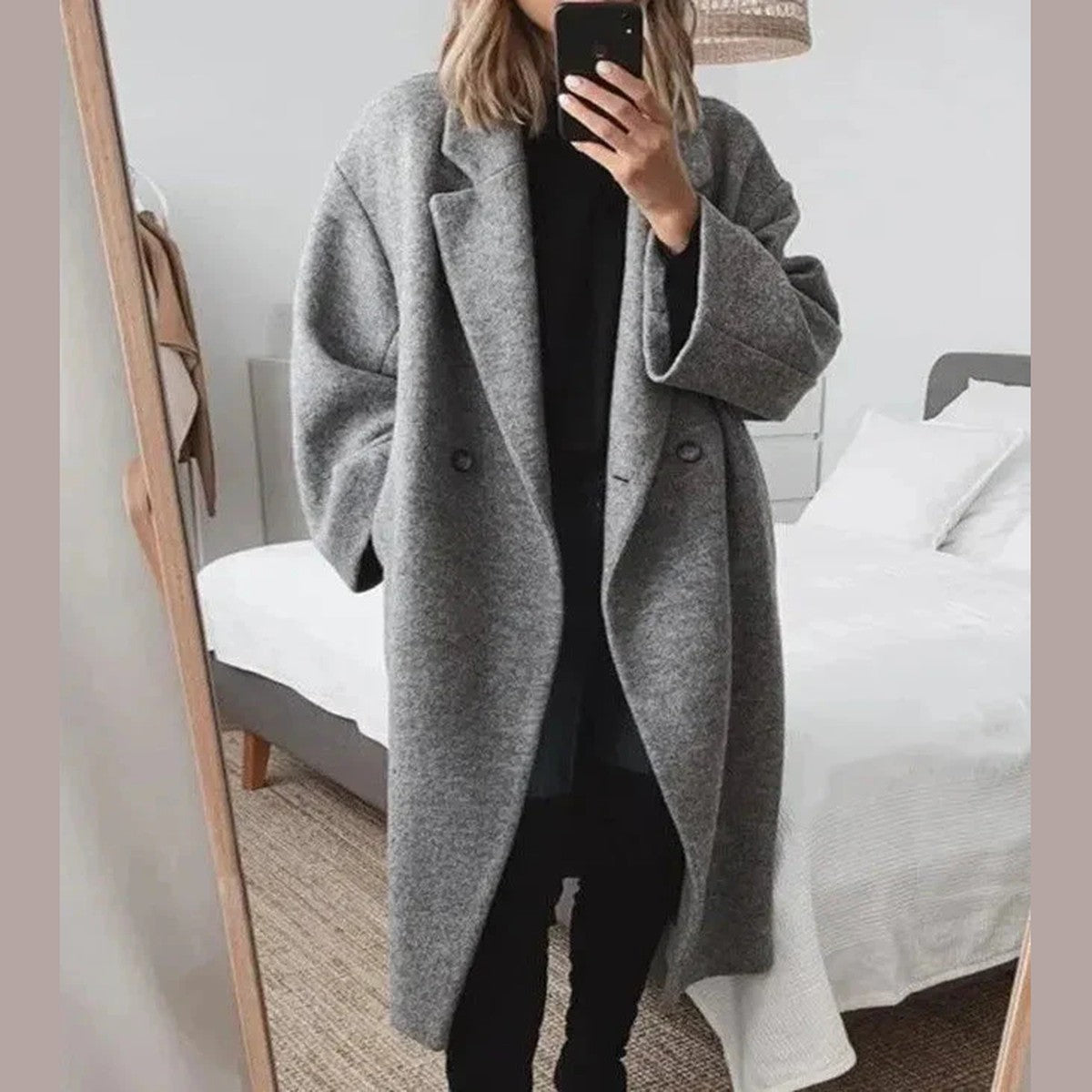 Long Double Breasted Overcoat for Women with Notched Lapel and Pockets