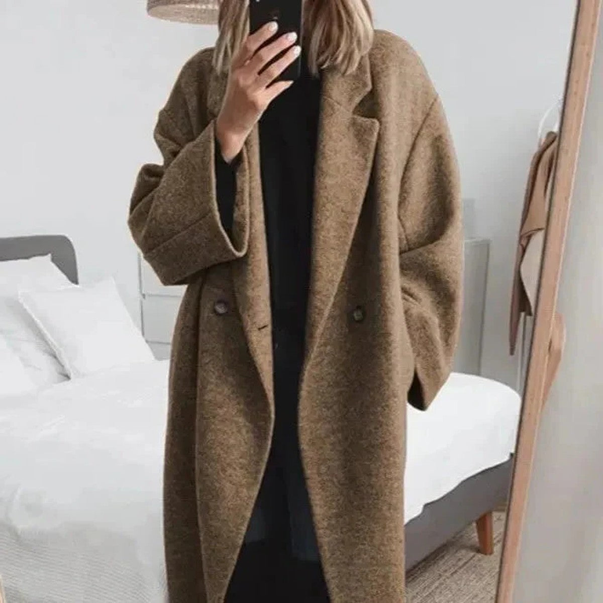 Long Double Breasted Overcoat for Women with Notched Lapel and Pockets