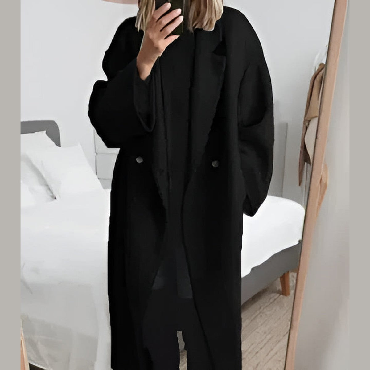 Long Double Breasted Overcoat for Women with Notched Lapel and Pockets