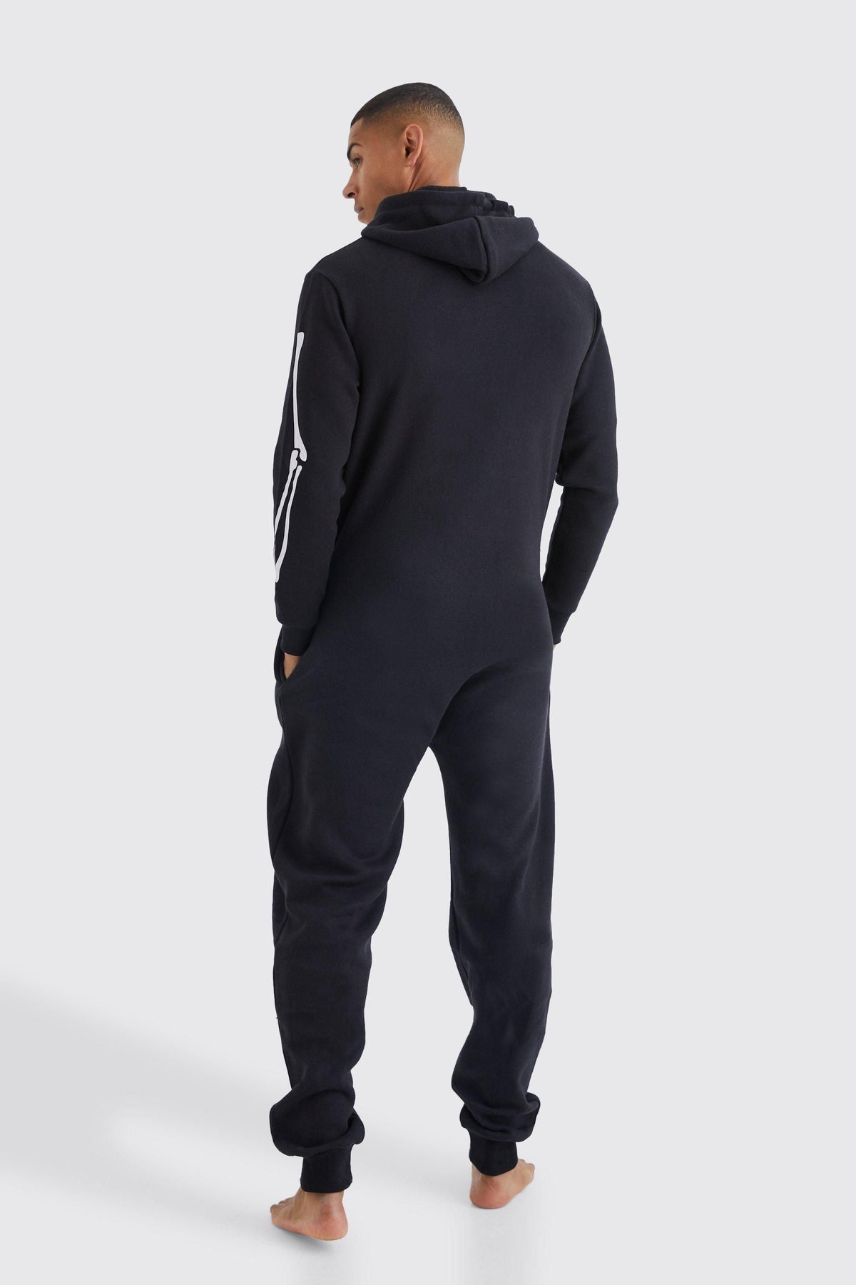 Skeleton Graphic Onesie with Front Zipper and Attached Hood, Long Sleeves