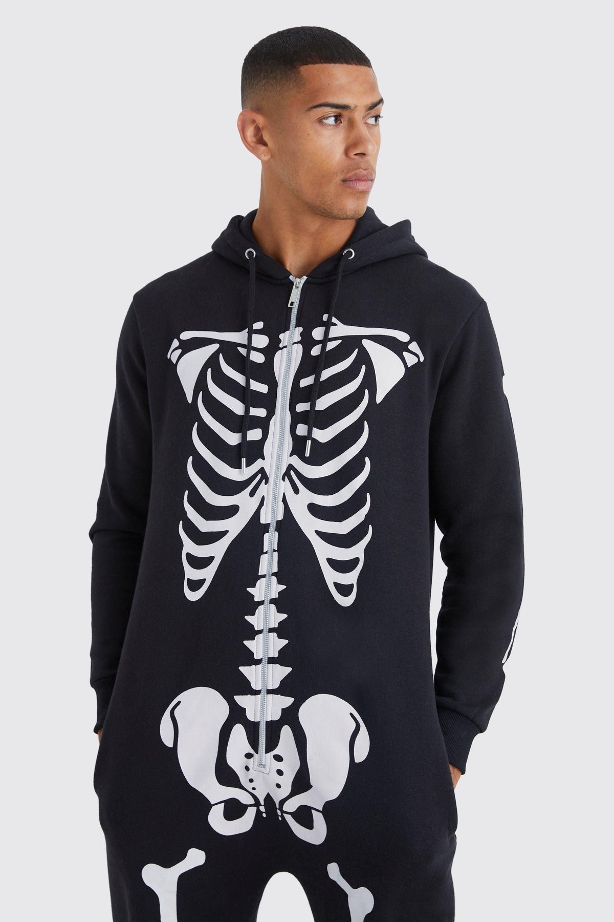 Skeleton Graphic Onesie with Front Zipper and Attached Hood, Long Sleeves