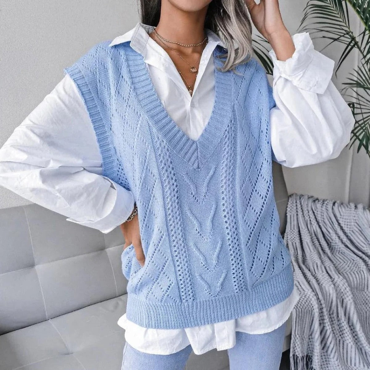 Casual Long Sleeve Knit Cardigan with V Neck and Front Button Closure