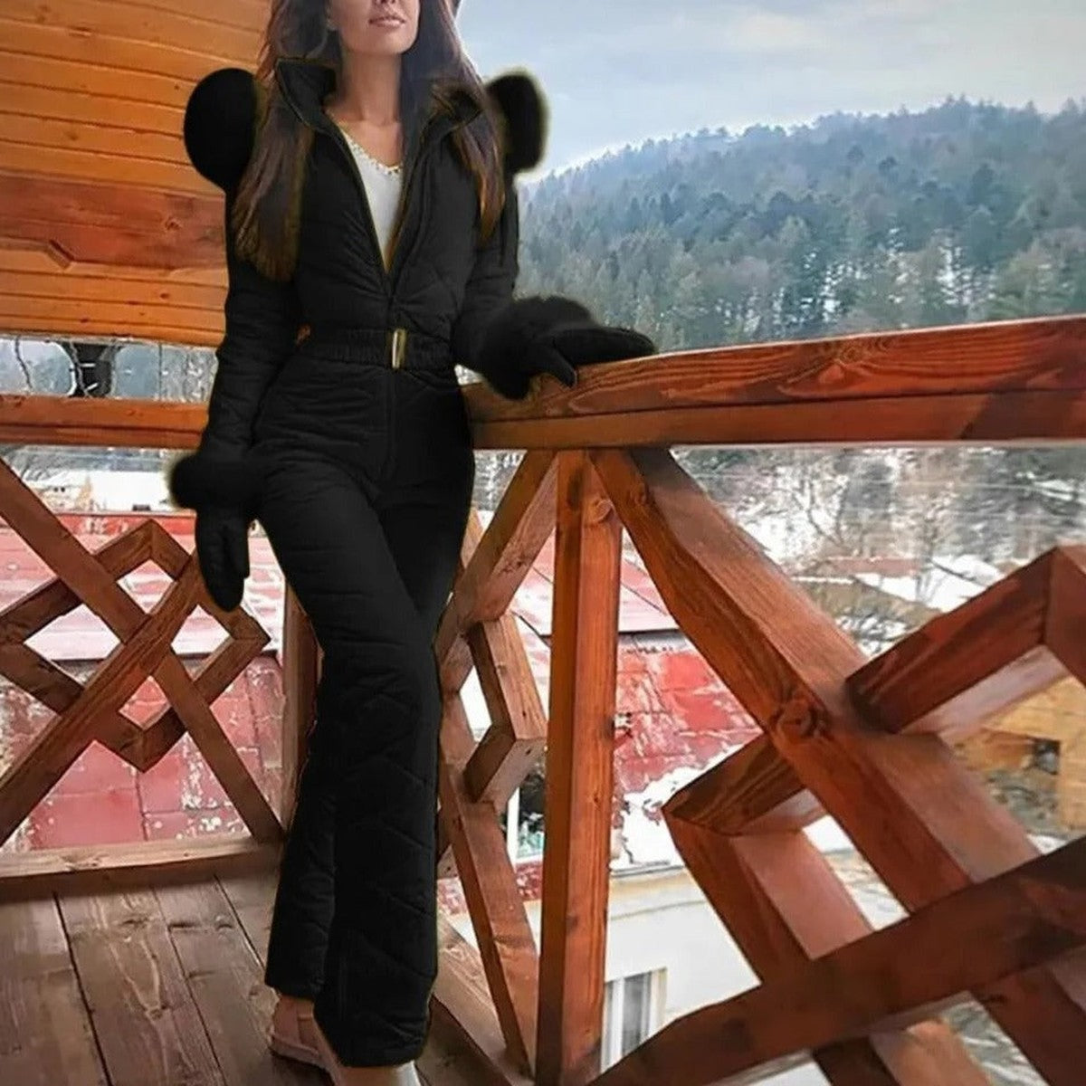 Women One Piece Hooded Ski Suit with Removable Faux Fur Collar and Belt