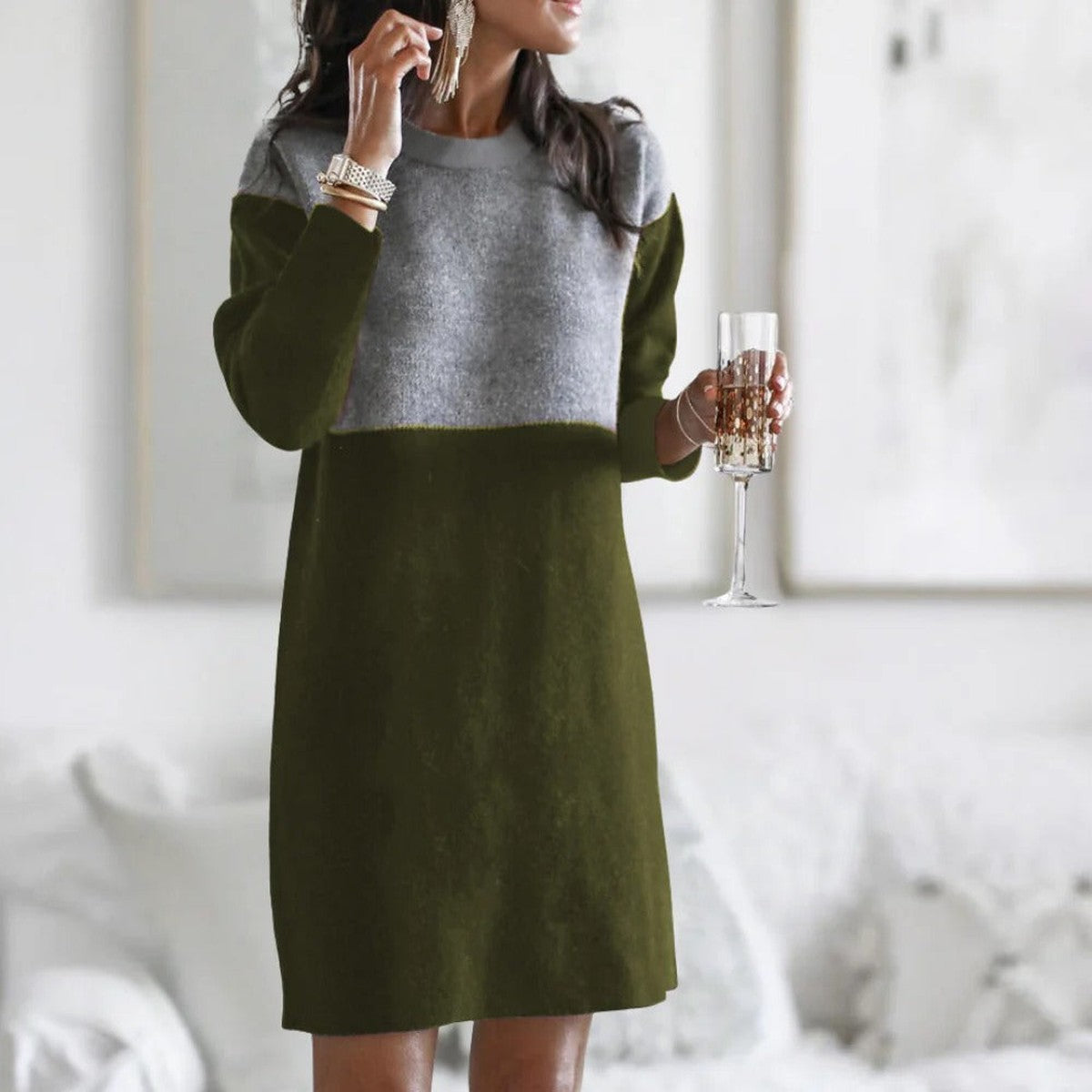 Ribbed Knit Long Sleeve Turtleneck Sweater Dress with Side Slit