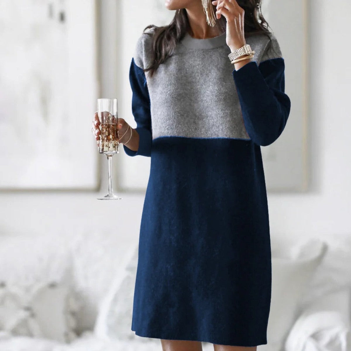 Ribbed Knit Long Sleeve Turtleneck Sweater Dress with Side Slit