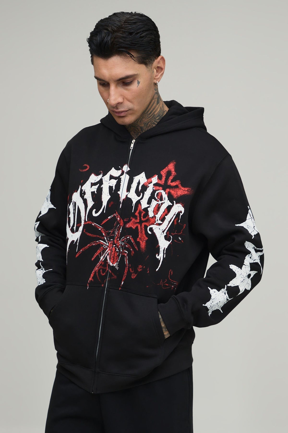 Tall Zip Through Hoodie with Spider and Gothic Sleeve Graphics