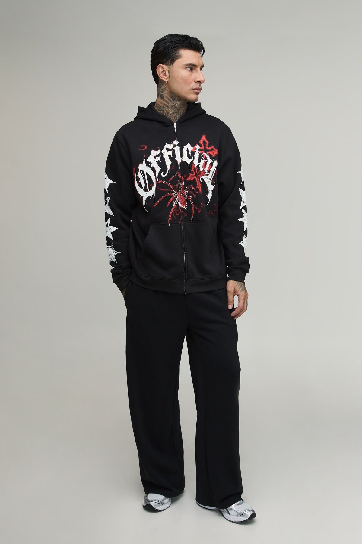 Tall Zip Through Hoodie with Spider and Gothic Sleeve Graphics