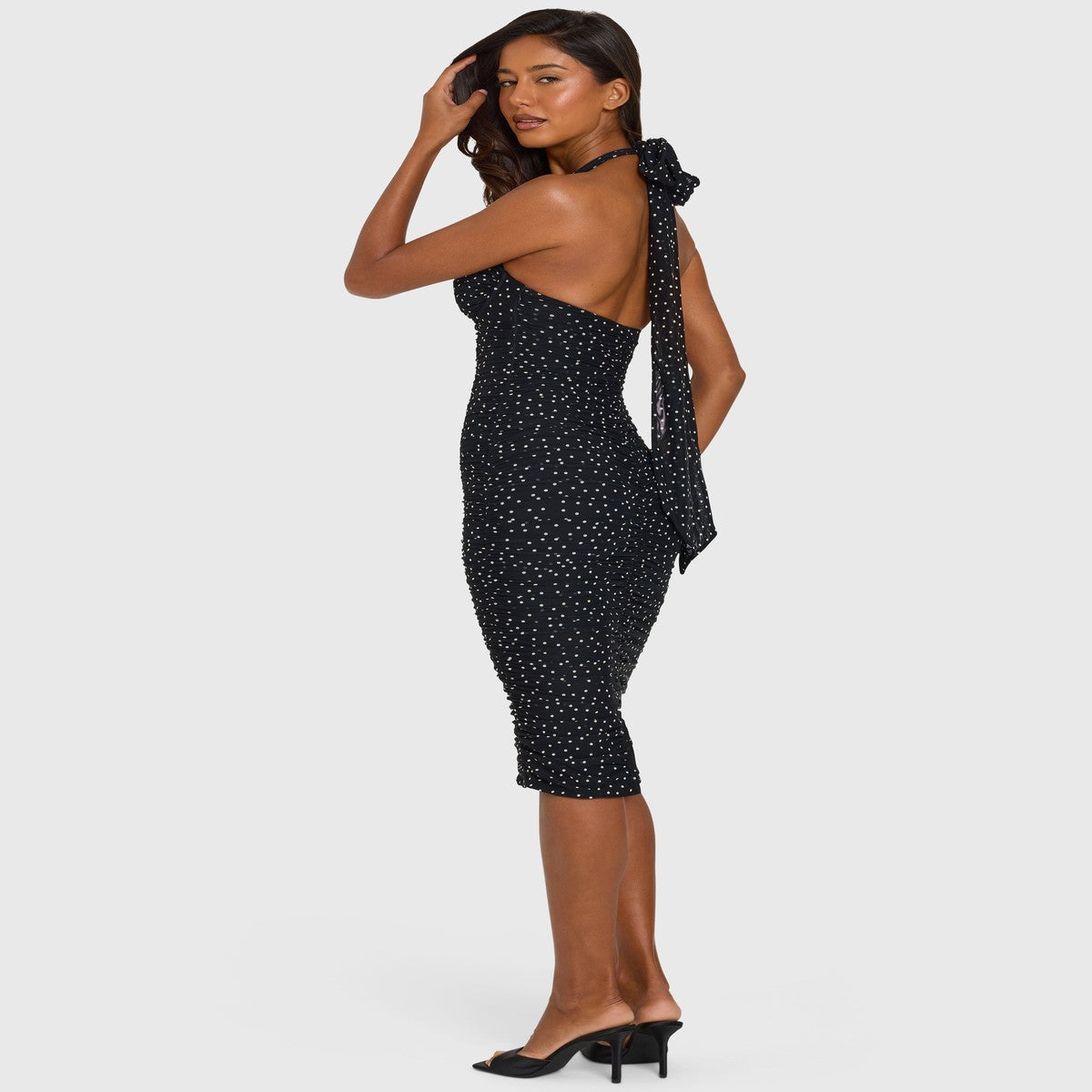 Black Polka Dot Halterneck Midi Dress with Underwire Bust and Front Slit