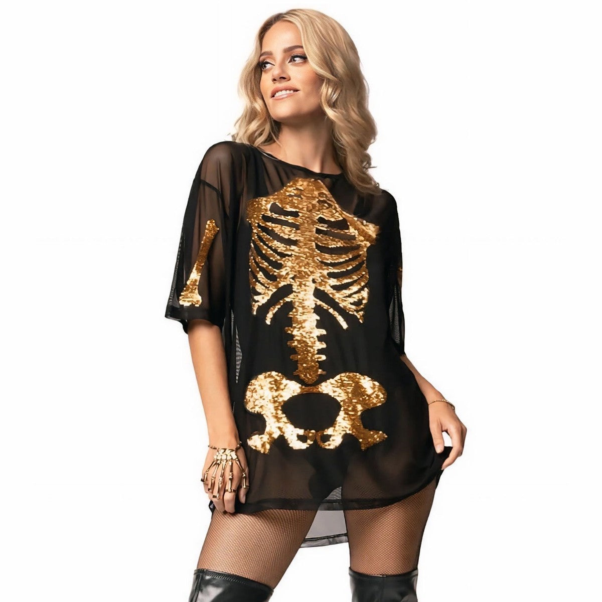 Sheer Long Sleeve Midi Dress with Metallic Gold Skeleton Graphic Print