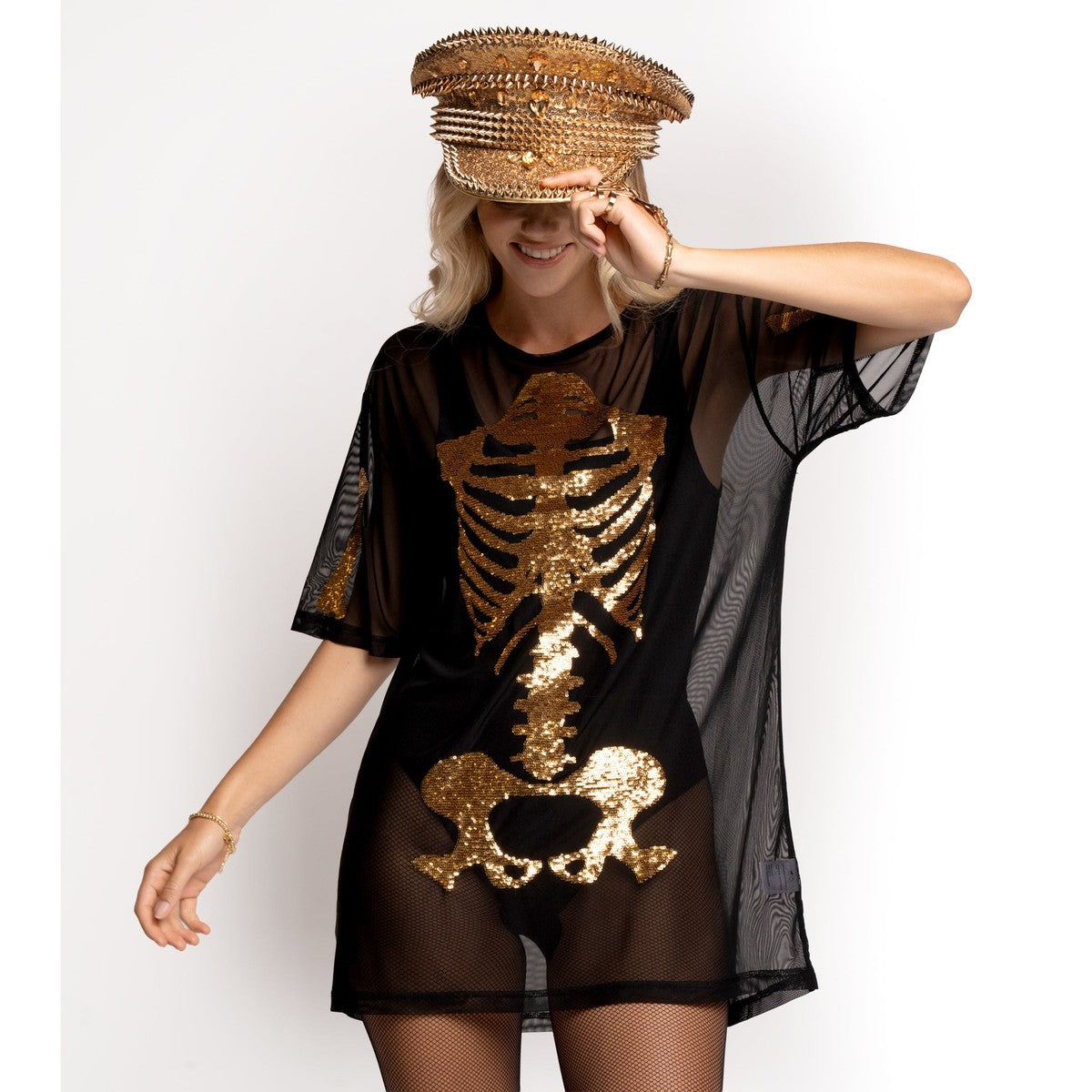 Sheer Long Sleeve Midi Dress with Metallic Gold Skeleton Graphic Print