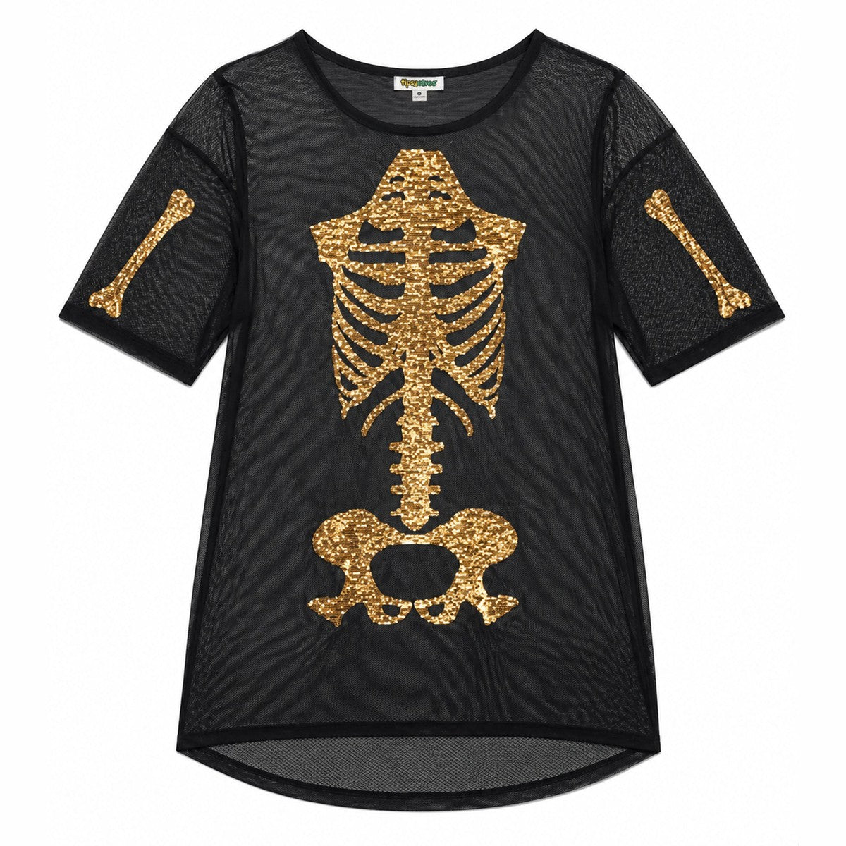 Sheer Long Sleeve Midi Dress with Metallic Gold Skeleton Graphic Print
