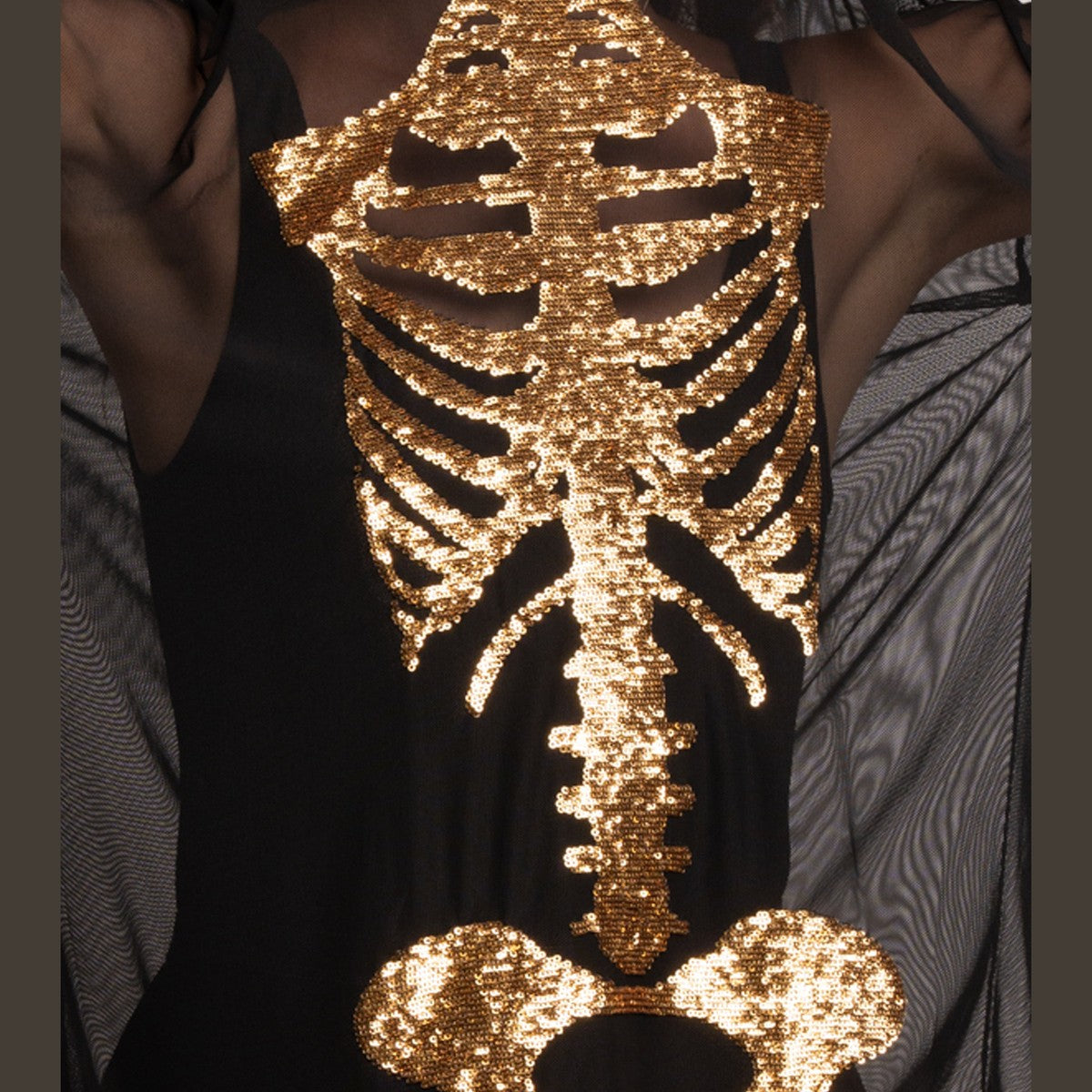 Sheer Long Sleeve Midi Dress with Metallic Gold Skeleton Graphic Print