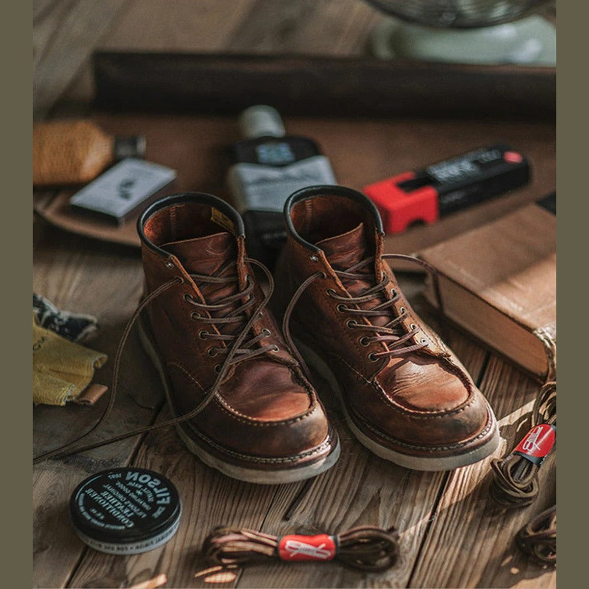 Classic Lace Up Moc Toe Leather Ankle Boots with Wedge Sole