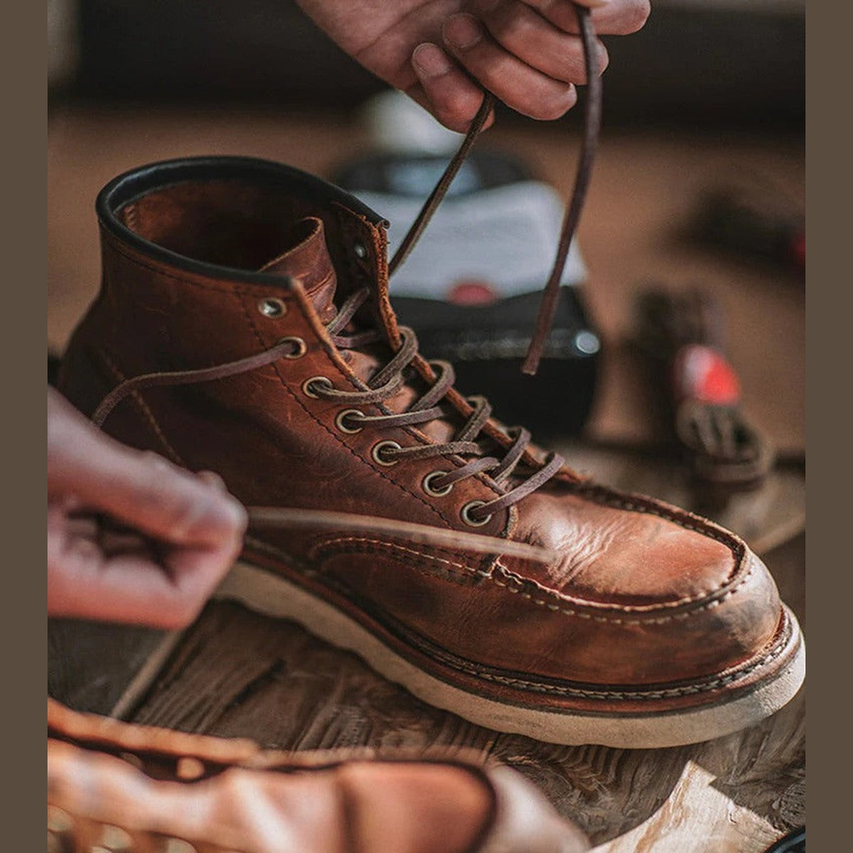 Classic Lace Up Moc Toe Leather Ankle Boots with Wedge Sole