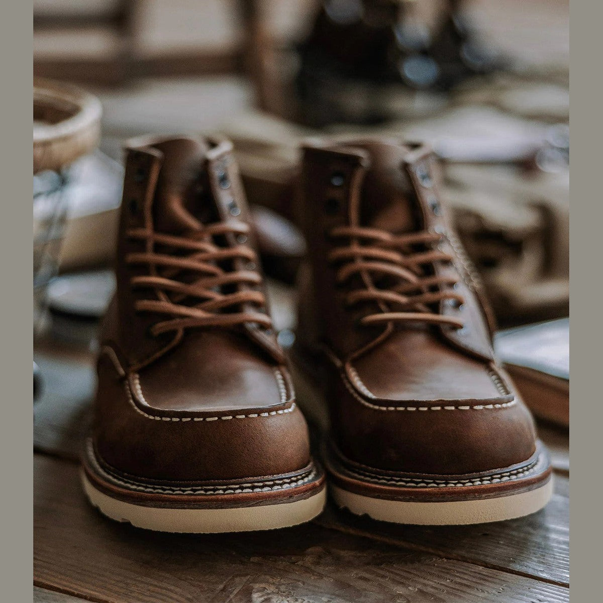 Classic Lace Up Moc Toe Leather Ankle Boots with Wedge Sole