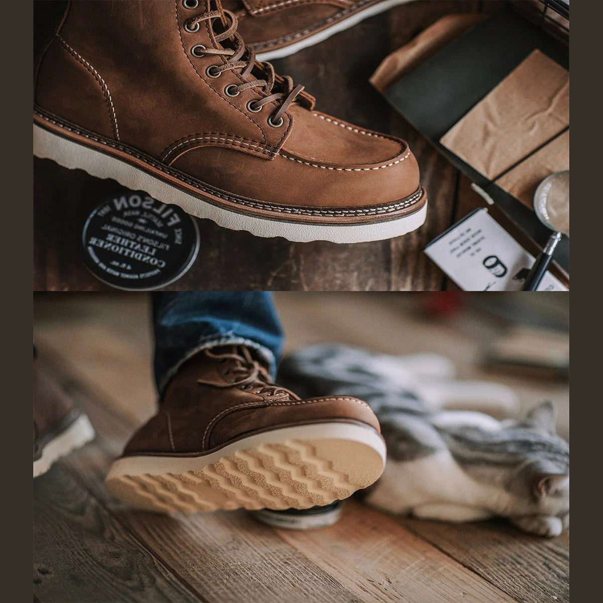 Classic Lace Up Moc Toe Leather Ankle Boots with Wedge Sole