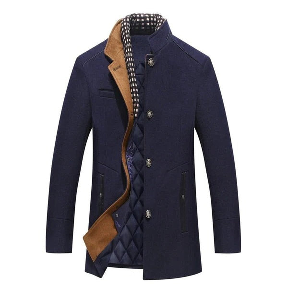 Classic Wool Trench Overcoat for Men with Notched Lapel Collar