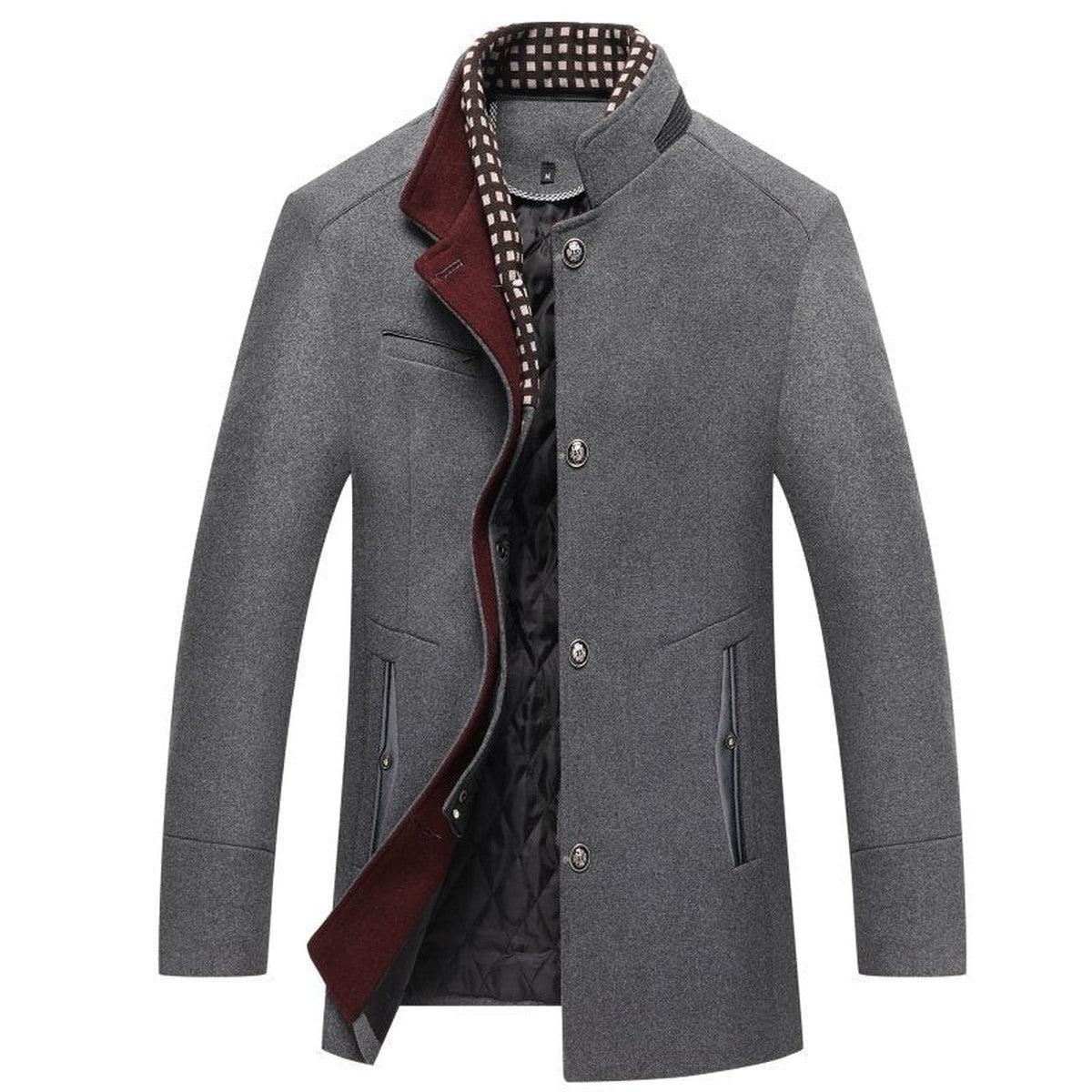 Classic Wool Trench Overcoat for Men with Notched Lapel Collar