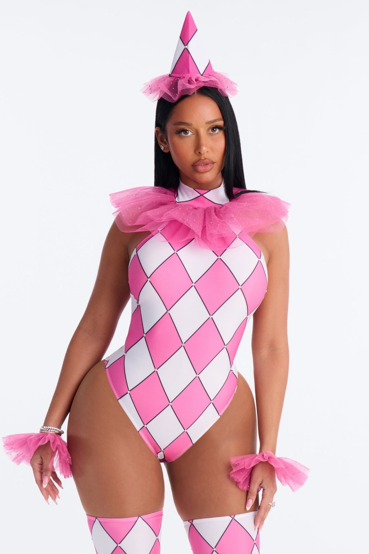 Four Piece Clown Costume Set with Bodysuit and Matching Accessories, Pink