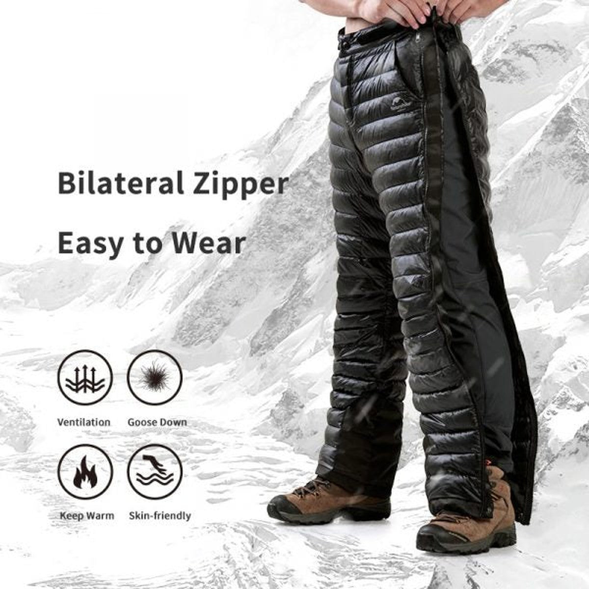 Thermal Goose Down Winter Trousers with Full Side Zippers for Cold Weather