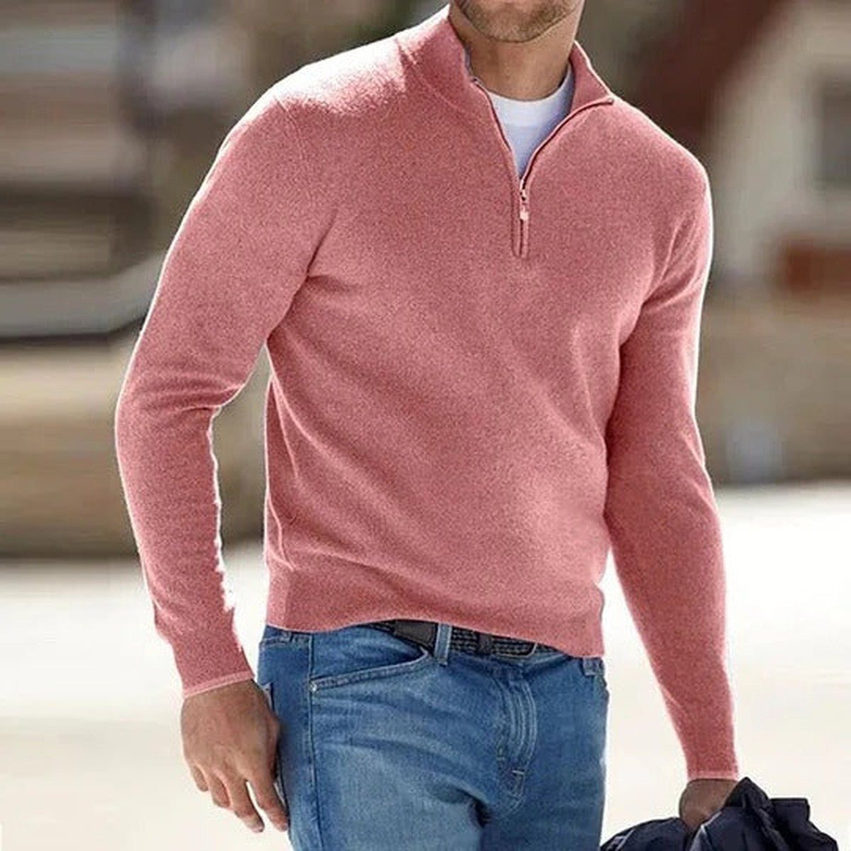Knitted Half Zip Pullover Sweater with Stand Collar and Ribbed Trim