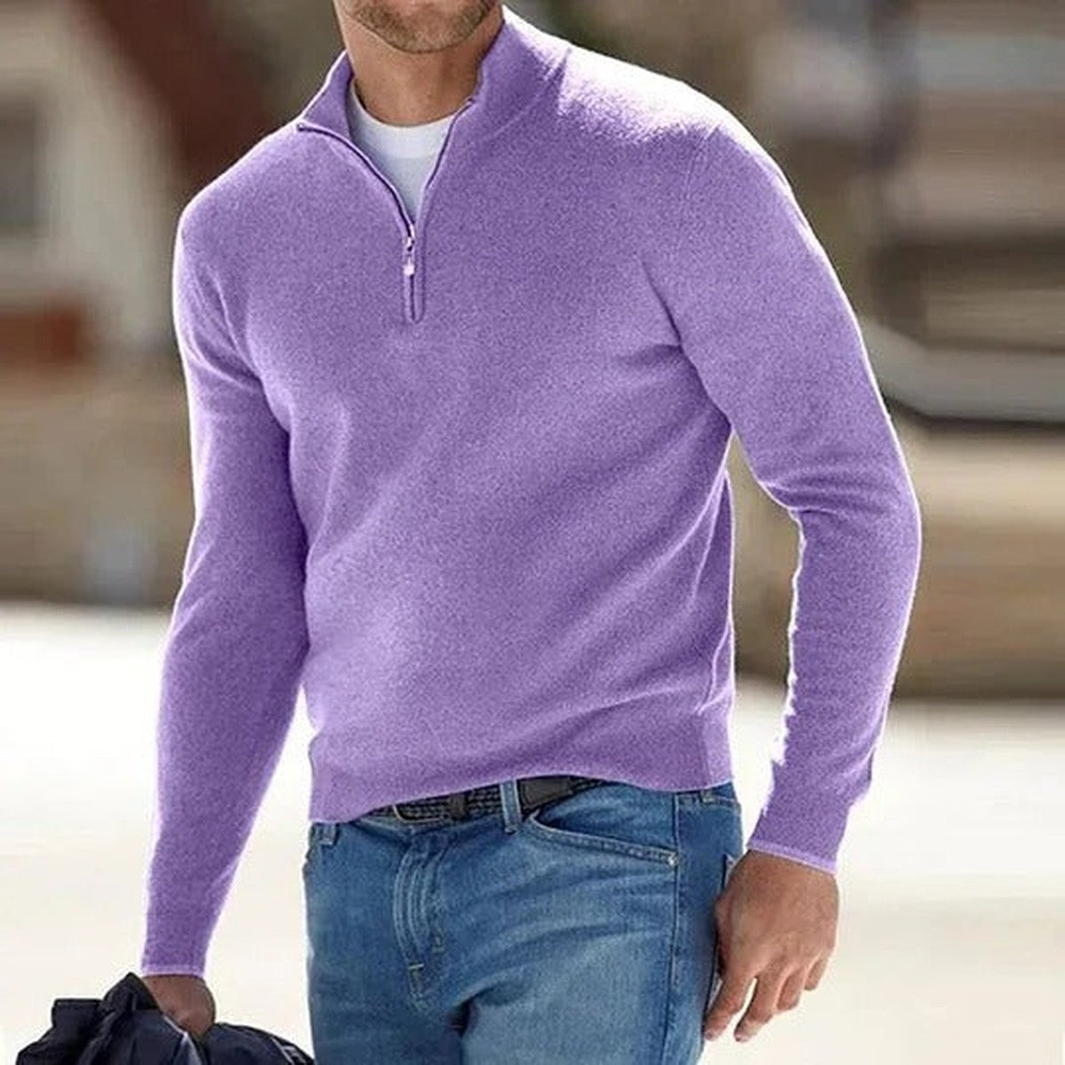 Knitted Half Zip Pullover Sweater with Stand Collar and Ribbed Trim