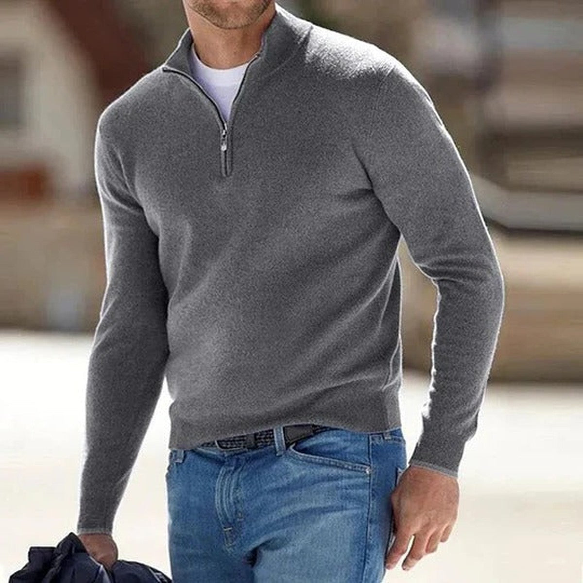 Knitted Half Zip Pullover Sweater with Stand Collar and Ribbed Trim