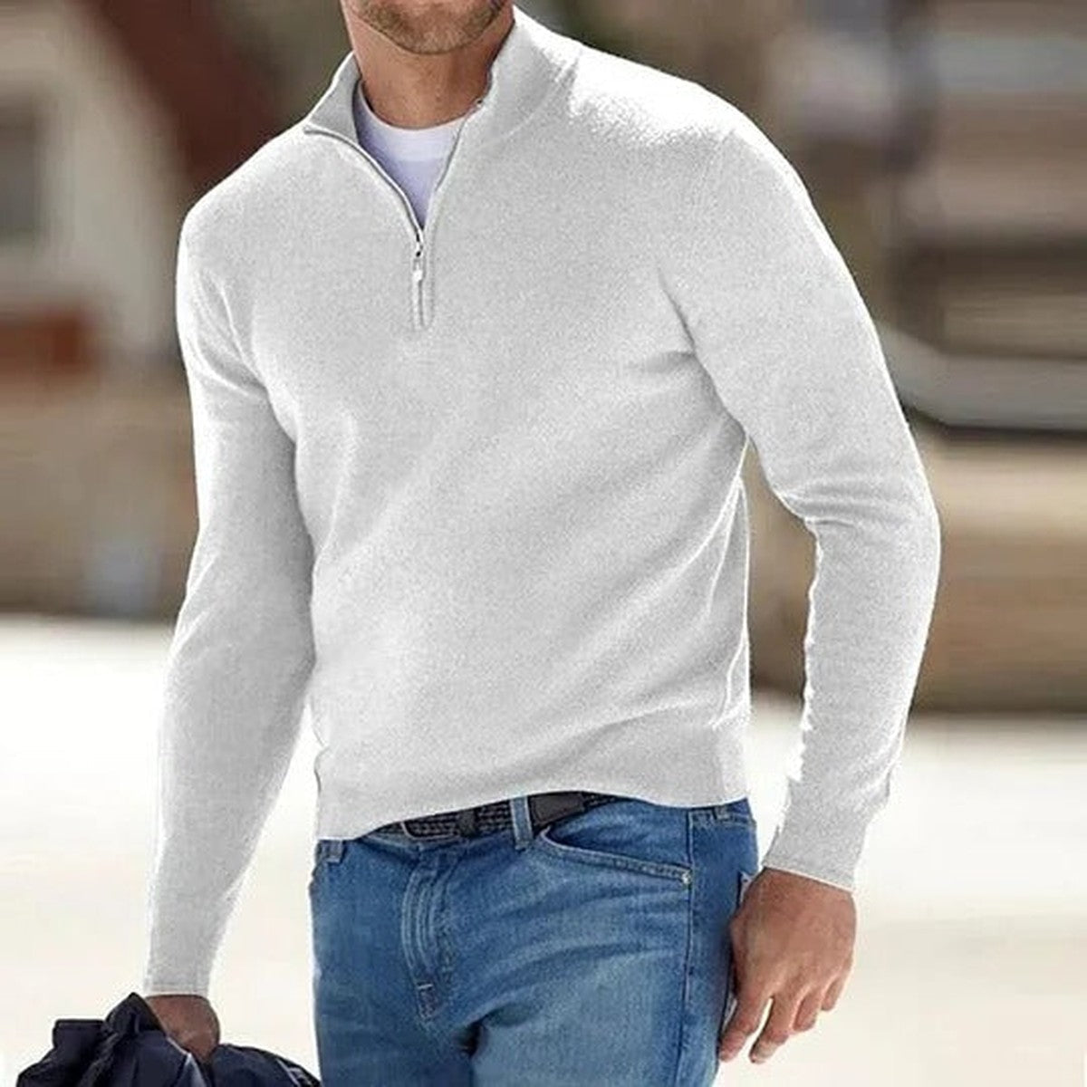Knitted Half Zip Pullover Sweater with Stand Collar and Ribbed Trim