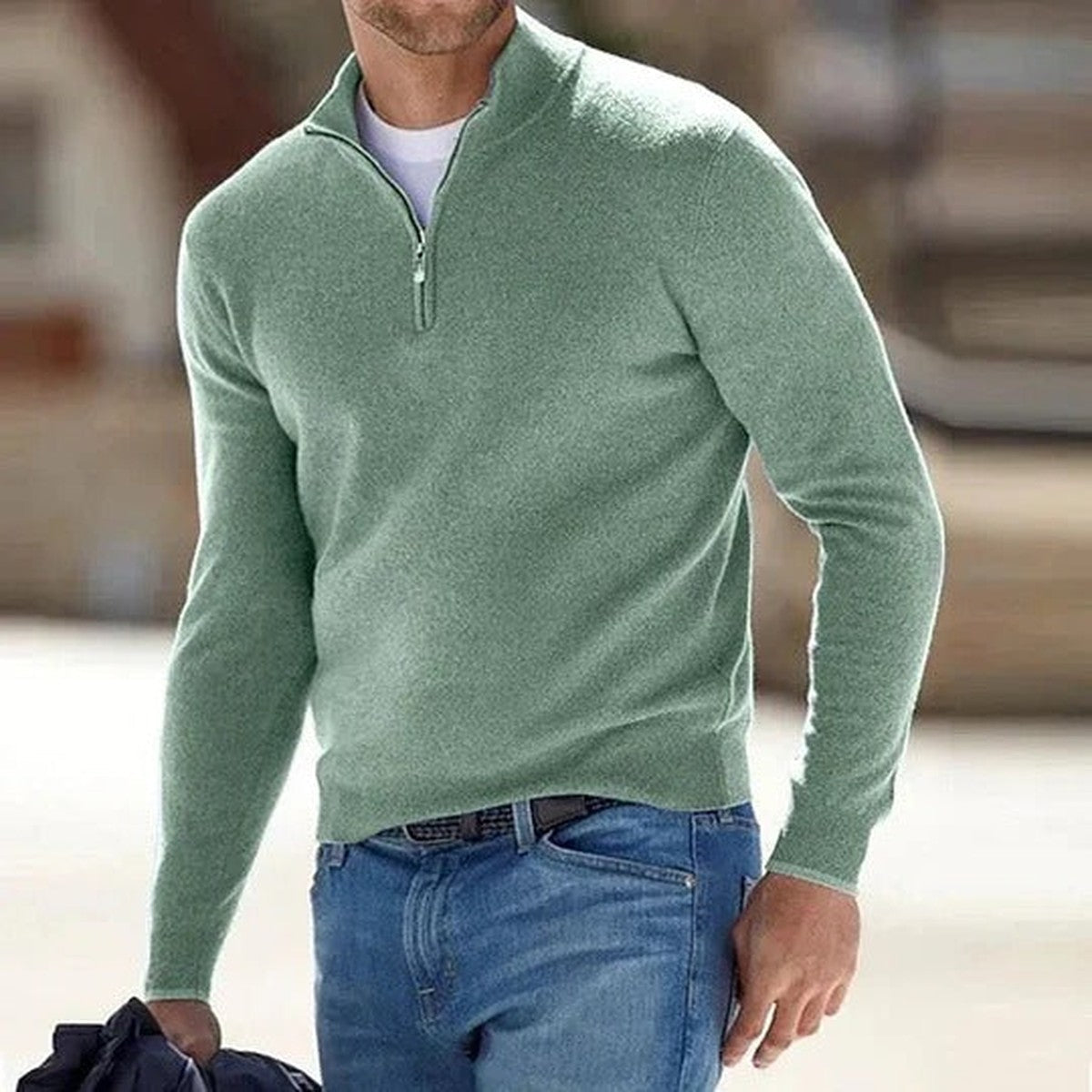 Knitted Half Zip Pullover Sweater with Stand Collar and Ribbed Trim