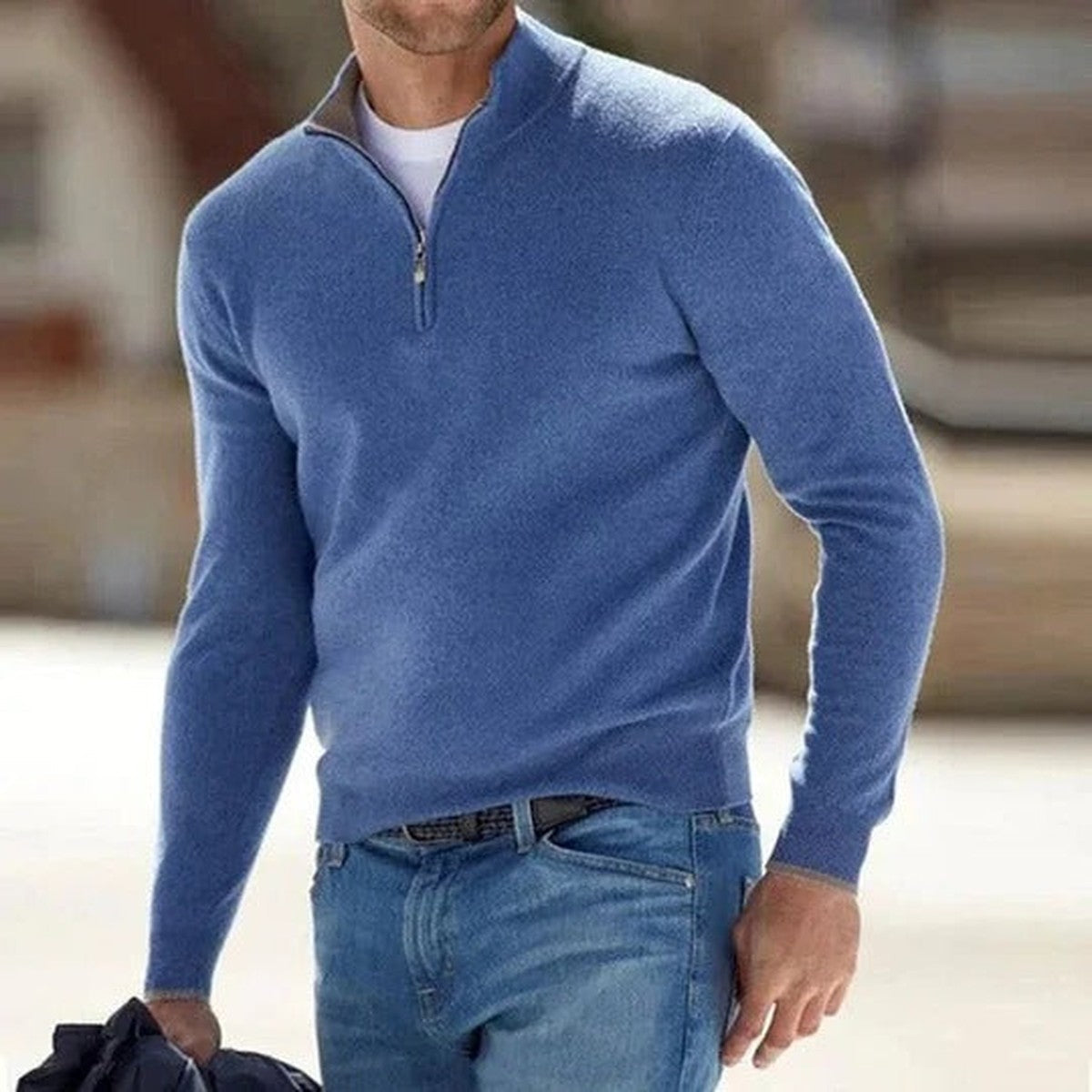 Knitted Half Zip Pullover Sweater with Stand Collar and Ribbed Trim