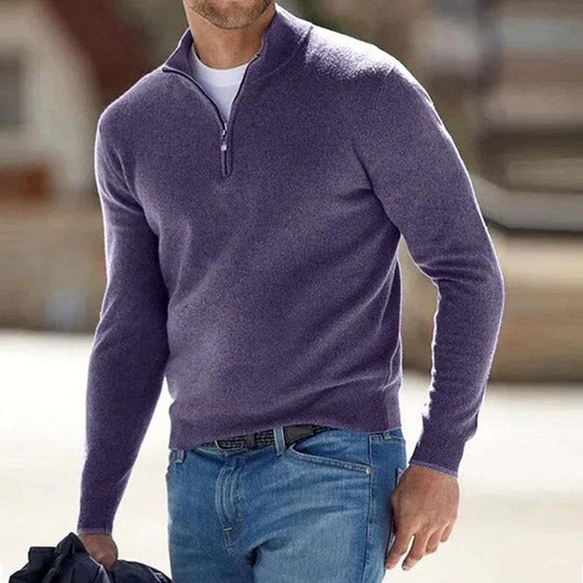 Knitted Half Zip Pullover Sweater with Stand Collar and Ribbed Trim