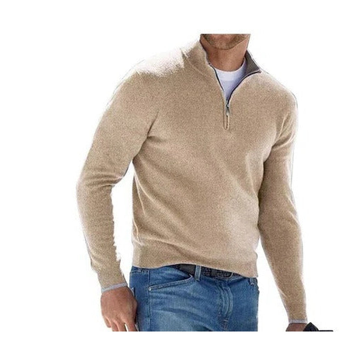 Knitted Half Zip Pullover Sweater with Stand Collar and Ribbed Trim