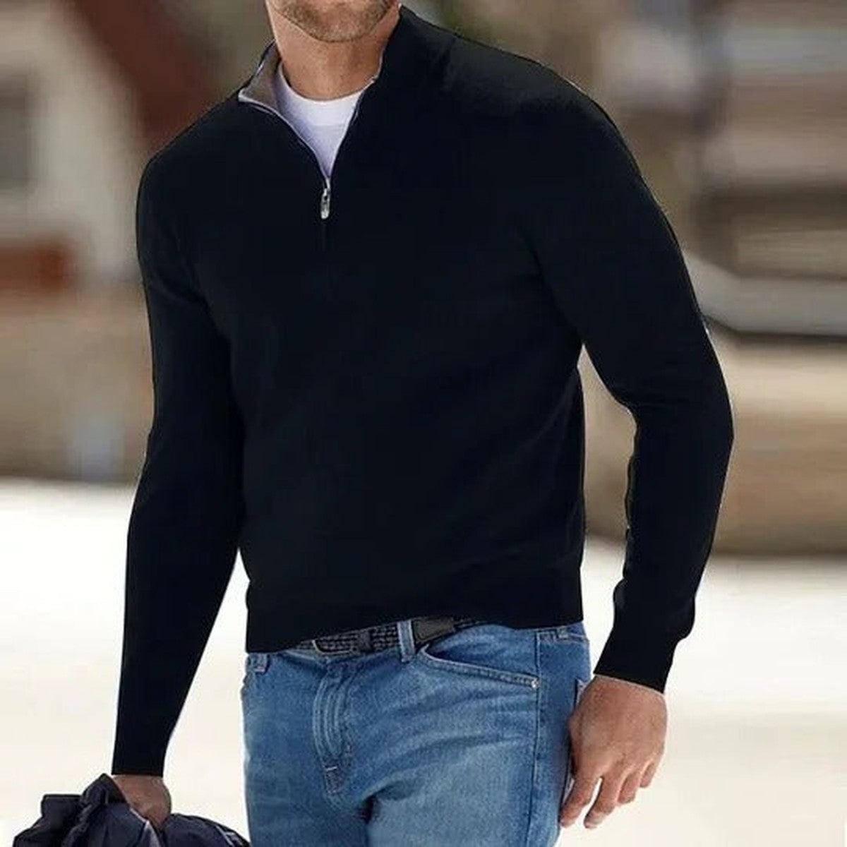 Knitted Half Zip Pullover Sweater with Stand Collar and Ribbed Trim