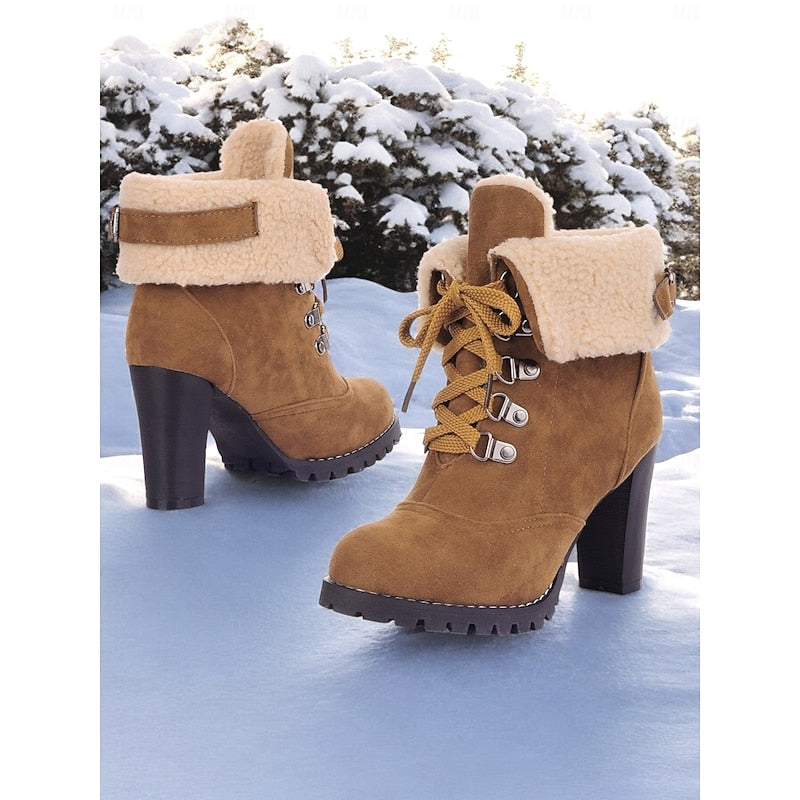 Lace-Up Winter Boots with Gripped Sole and Plush Lining, Chunky Heel