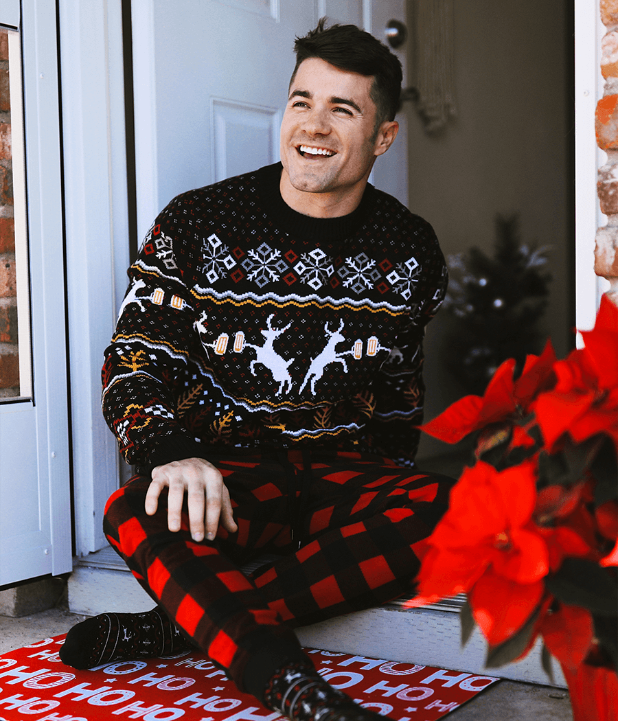 Pullover Sweater with Deer and Evergreen Pattern, Crew Neck Ribbed Cuffs