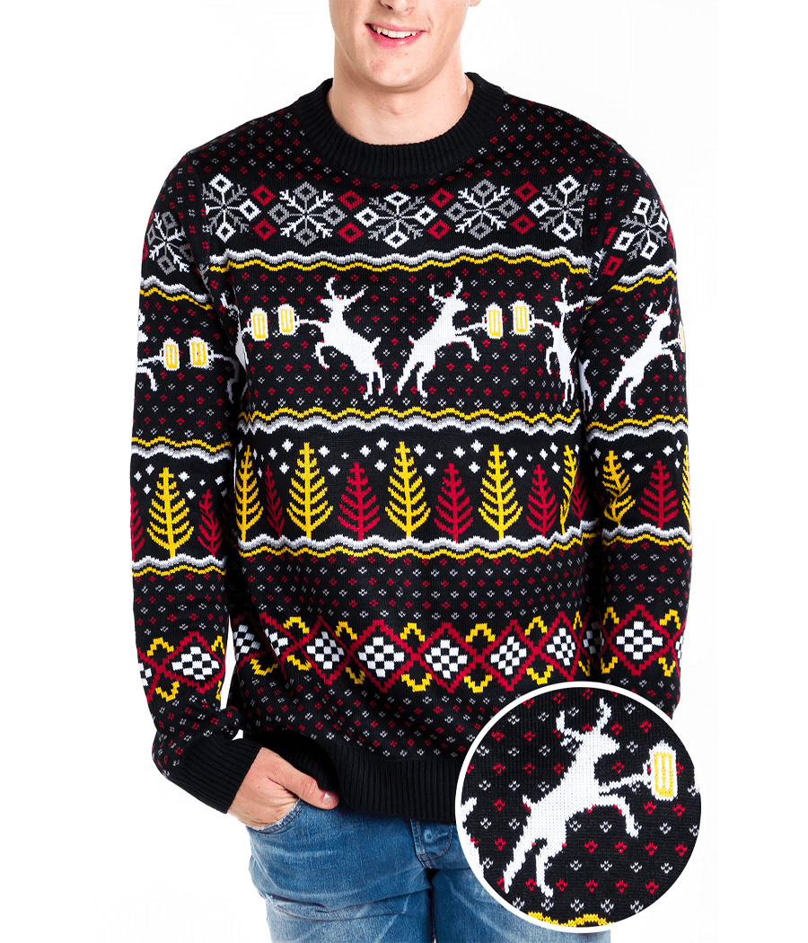 Pullover Sweater with Deer and Evergreen Pattern, Crew Neck Ribbed Cuffs
