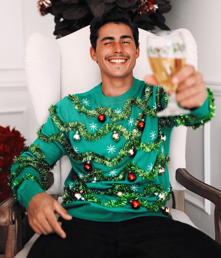 Crew Neck Pullover Sweater with Reflective Baubles and Garland Pattern