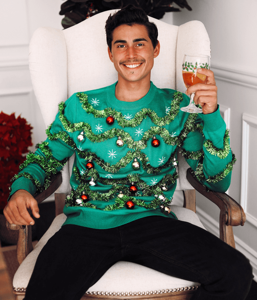 Crew Neck Pullover Sweater with Reflective Baubles and Garland Pattern