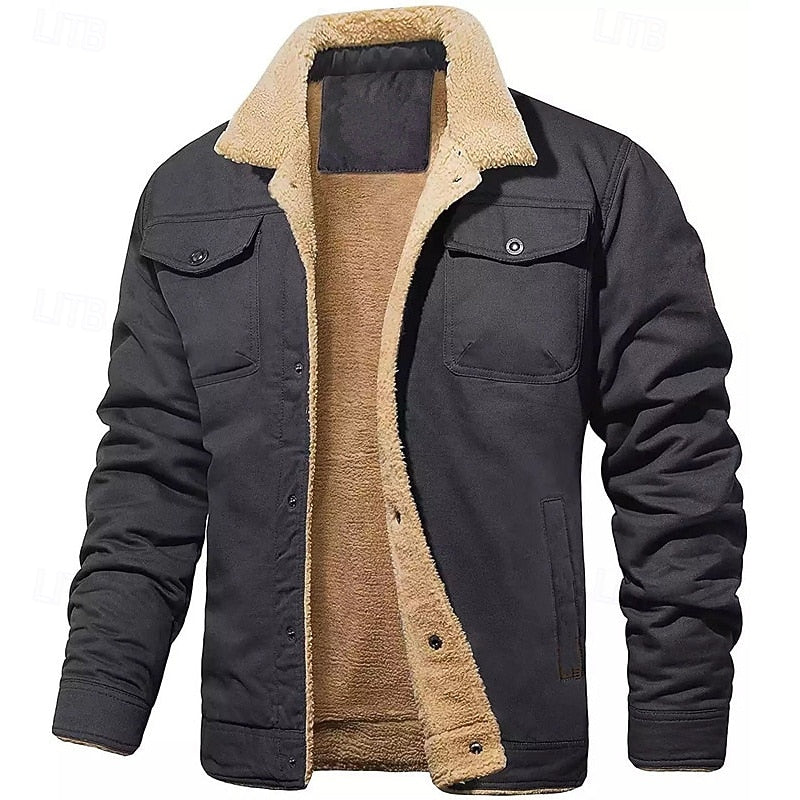 Trucker Jacket with Plush Lining and Button Front, Hip Length Pockets
