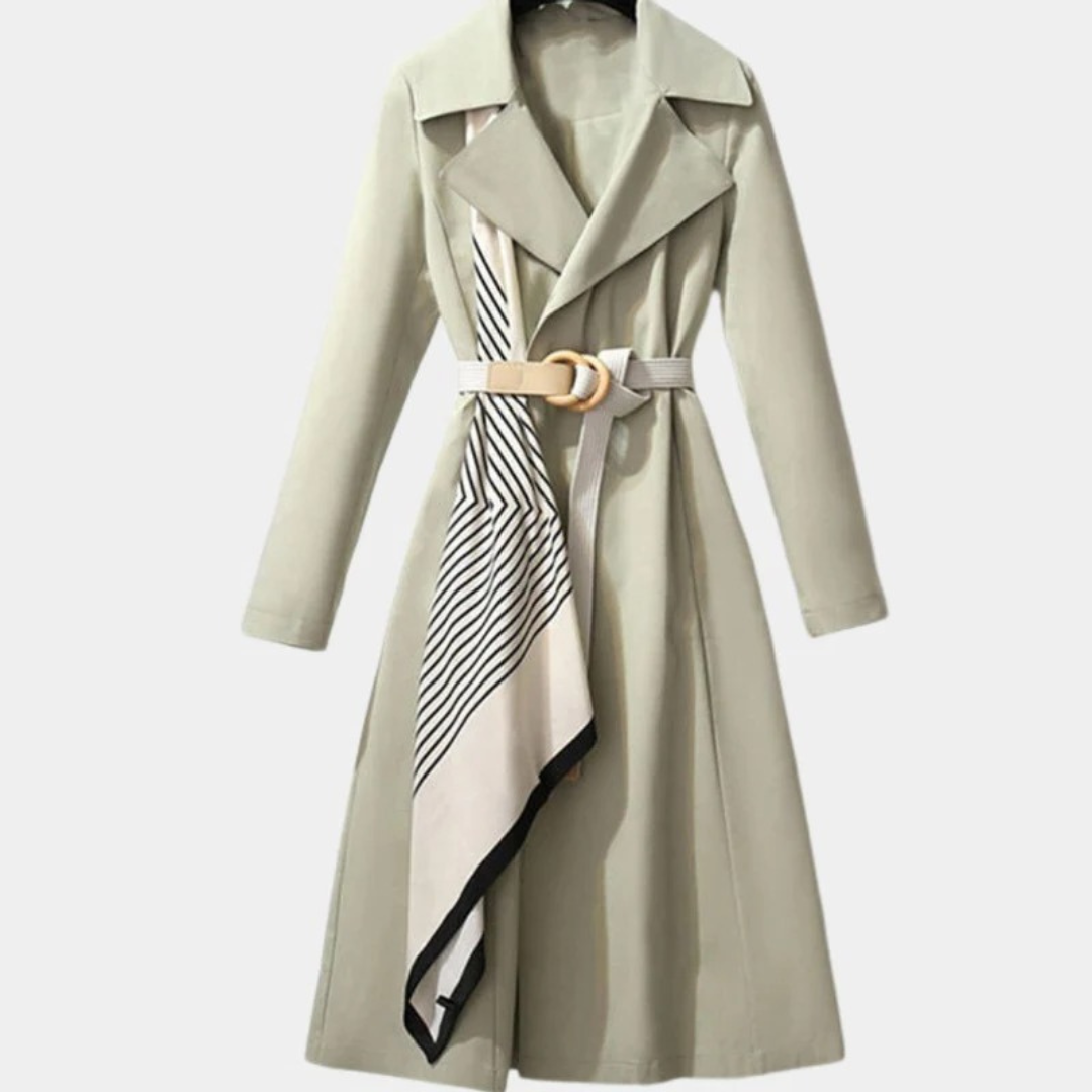 Womens Midi Trench Coat with Adjustable Belt and Layering Design