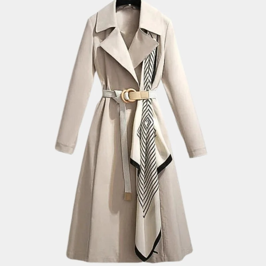 Womens Midi Trench Coat with Adjustable Belt and Layering Design