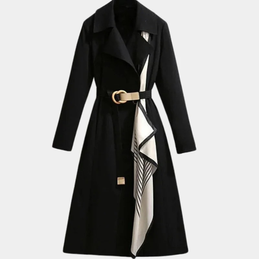 Womens Midi Trench Coat with Adjustable Belt and Layering Design