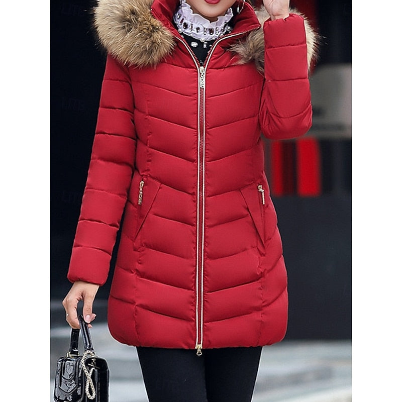 Hooded Quilted Parka with Adjustable Hood and Side Pockets, Mid Thigh Length
