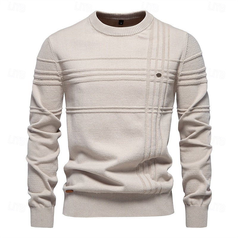 Textured Crewneck Sweater with Tailored Fit and Woven Fabric for Fall Winter