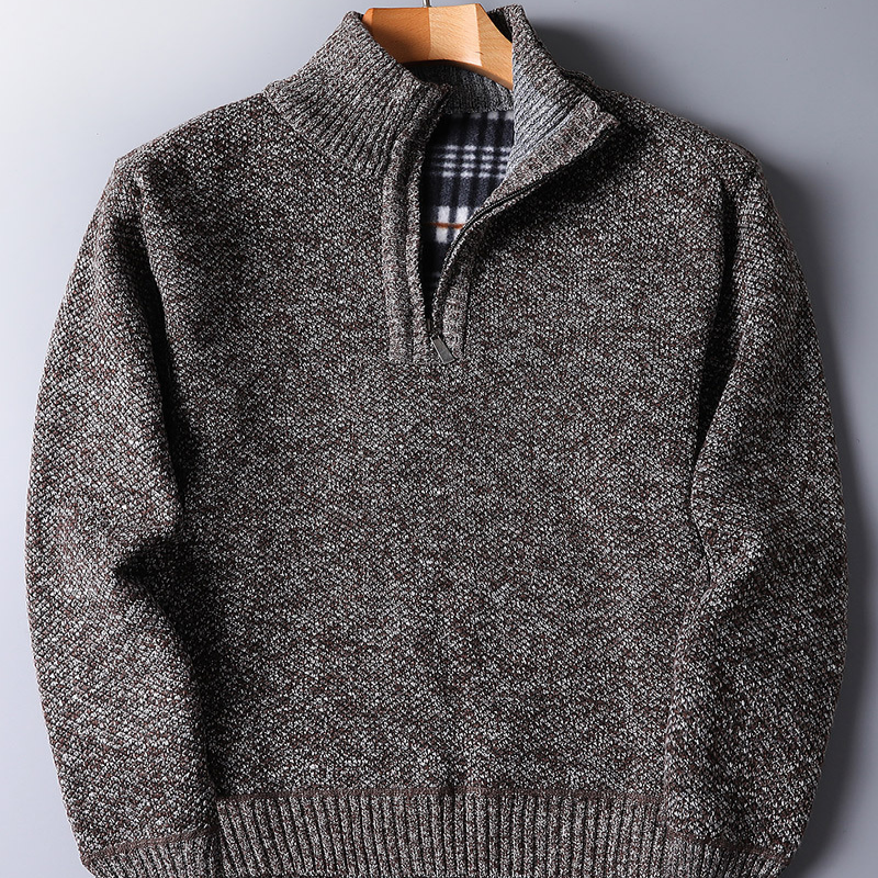 Comfortable gray ribbed quarter zip sweater for men. A versatile mock neck top for fall and winter style.