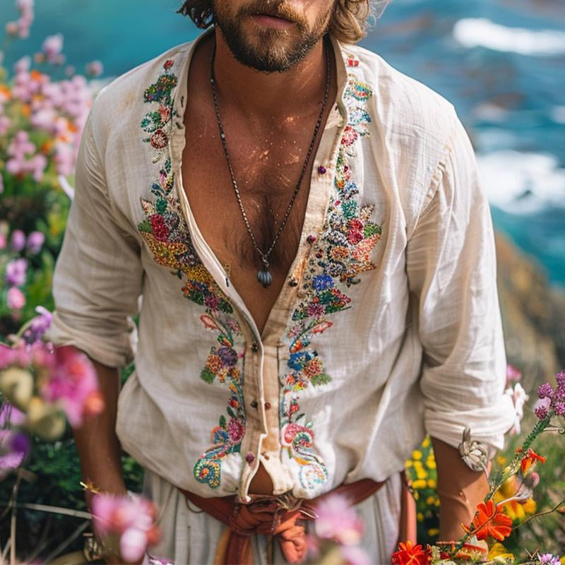 Men's bohemian grandad collar shirt, long sleeve, relaxed fit, perfect for casual summer style & holiday wear.