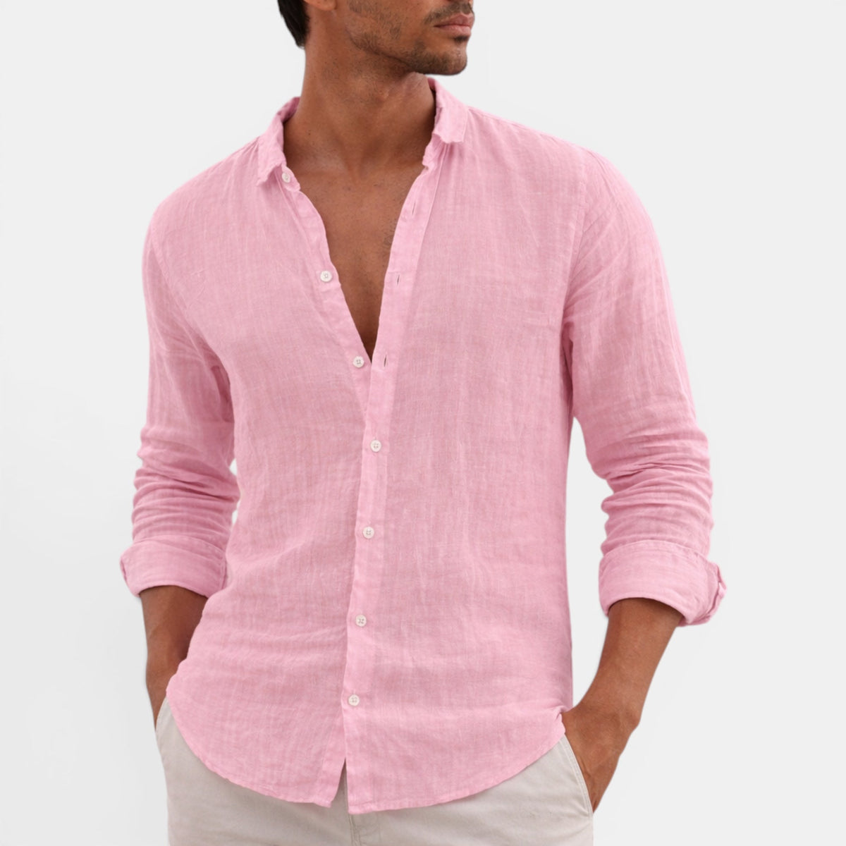 Stylish men's casual button up shirt, relaxed fit, perfect for a versatile smart casual summer look.