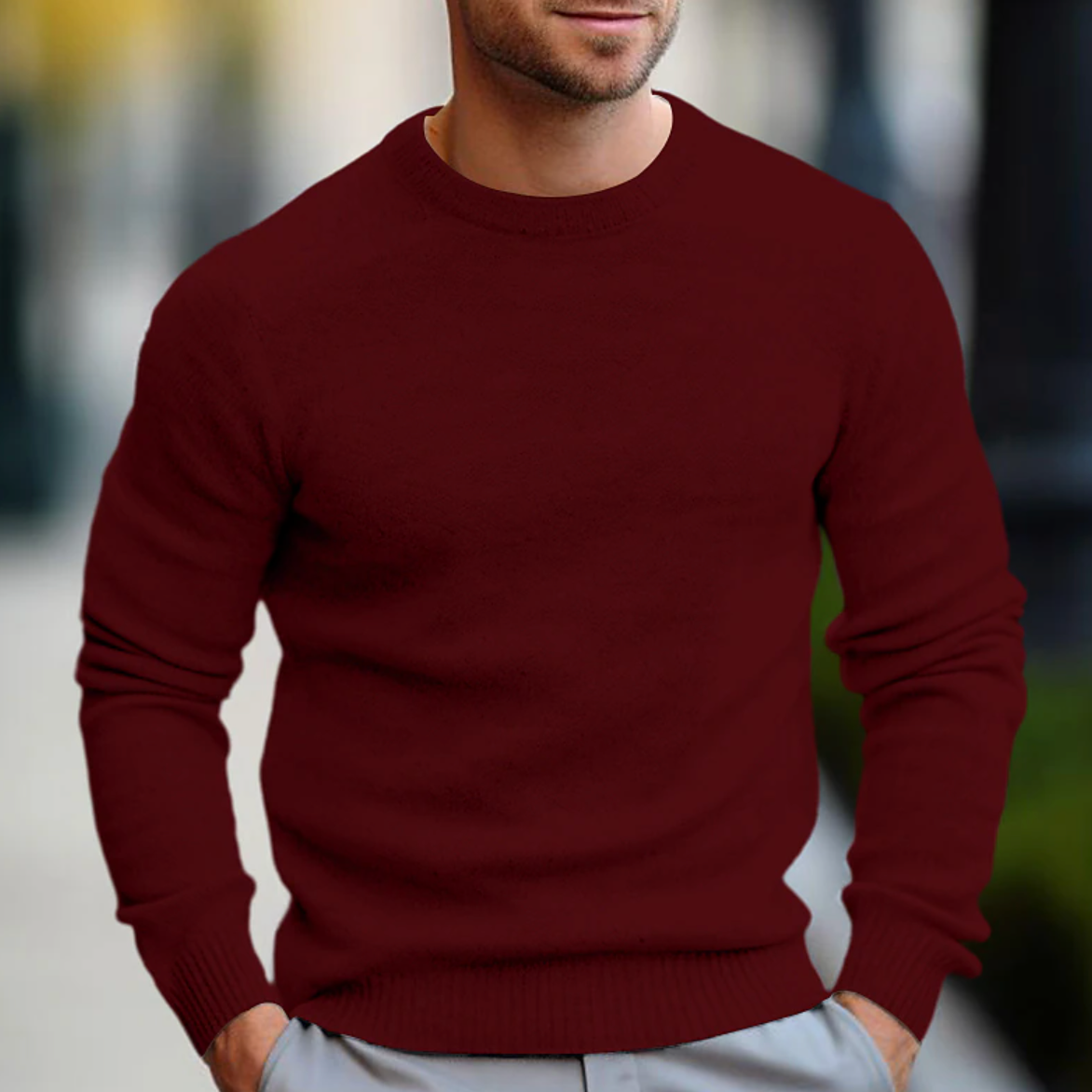 Versatile men's classic crew neck sweater, long sleeve. An essential piece for fall fashion and winter layering.
