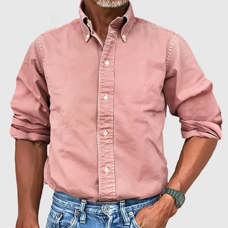 Back view of a men's classic long-sleeve shirt, highlighting the comfortable fit and timeless cut.
